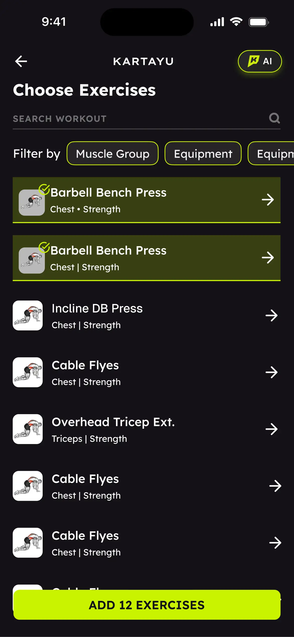 Choosing exercises for a workout, with Barbell Bench Press picked
