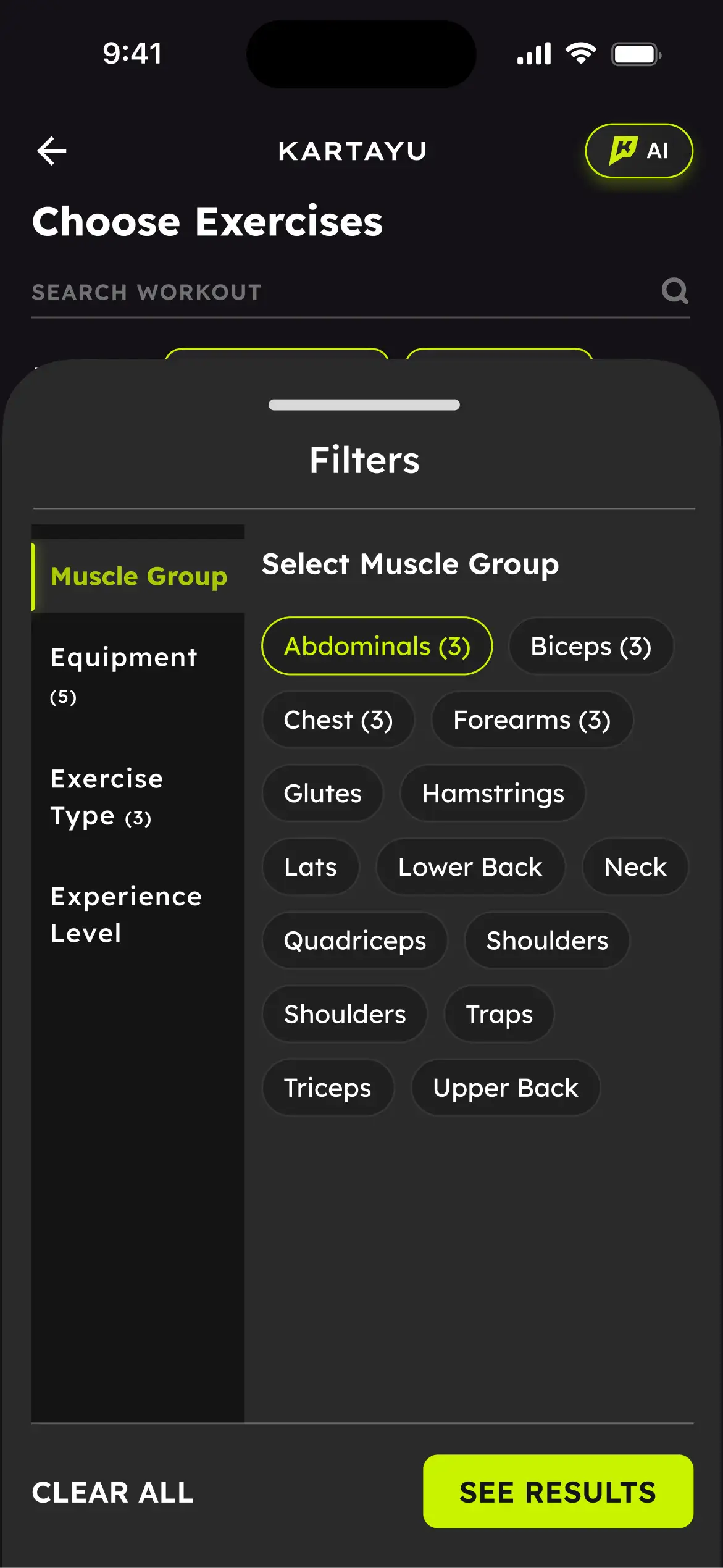 The exercise library's filters in the Kartayu app