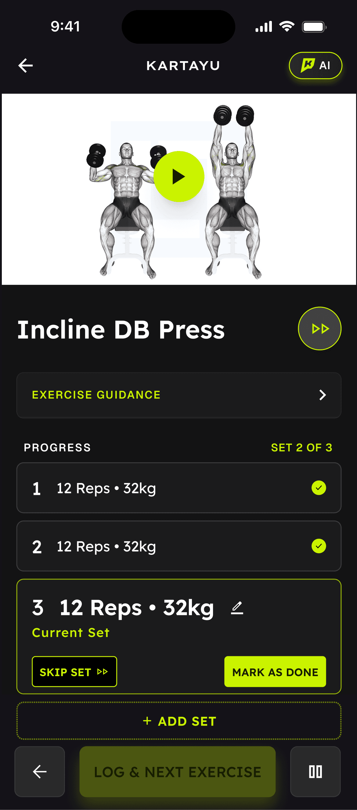 An Incline DB Press set in progress in the Kartayu app