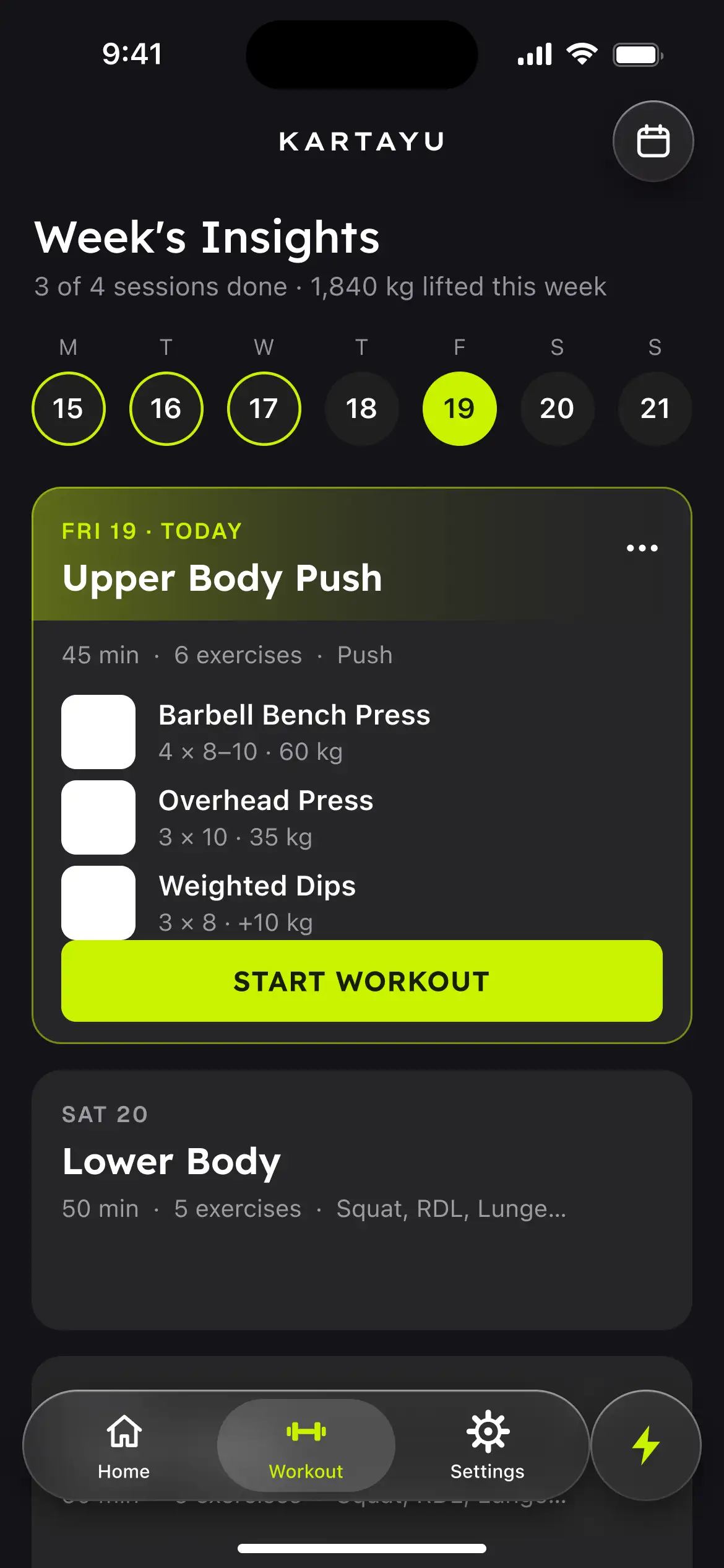 The Workout tab: 3 of 4 sessions done this week, Friday's Upper Body Push next