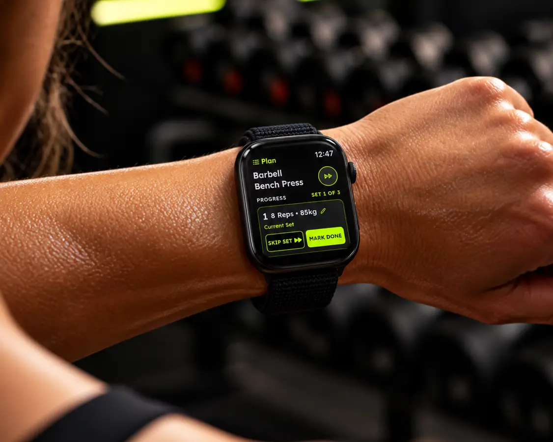 Kartayu on Apple Watch during a barbell bench press: set 1 of 3, 8 reps at 85 kg